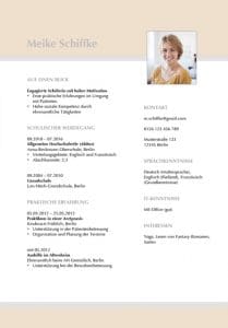 A CV design with a planned color theme from photo to layout is particularly important for the staff. This is the first appearance of the curriculum vitae, because on average, a person looks only 1-2 minutes at the application documents of each applicant. In order to get out of the crowd in this short period of time, some colour should be brought into play.