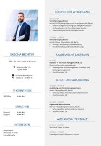 Curriculum vitae Design with a "slimmed down" layout: the information in the curriculum vitae is now arranged according to importance and chronological-retrograd. This means that the current position is at the top. This has the advantage that one sees the most important station, as the first and at a glance and does not start with the primary school or the last school leaving certificate.