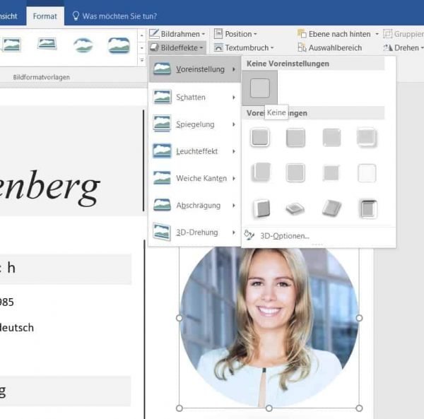 When cutting out a photo, the image effects are switched off in Word